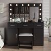 Vanity Desk Set with Large Lighted Mirror and Powre Outlet, Glass Top Makeup Vanity with 3 Drawers and 2 Cabinets, Vanity Table with 12 LED Lights