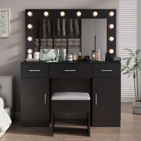 Vanity Desk Set with Large Lighted Mirror and Powre Outlet, Glass Top Makeup Vanity with 3 Drawers and 2 Cabinets, Vanity Table with 12 LED Lights