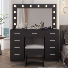 Vanity Desk Set with Large Lighted Mirror and Powre Outlet, Glass Top Makeup Vanity with 9 Drawers, Vanity Table with 12 LED Lights