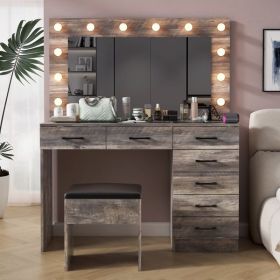 Vanity Desk Set with Large Lighted Mirror and Powre Outlet, Glass Top Makeup Vanity with 7 Drawers, Vanity Table with 12 LED Lights