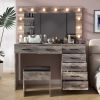 Vanity Desk Set with Large Lighted Mirror and Powre Outlet, Glass Top Makeup Vanity with 7 Drawers, Vanity Table with 12 LED Lights