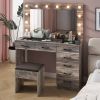 Vanity Desk Set with Large Lighted Mirror and Powre Outlet, Glass Top Makeup Vanity with 7 Drawers, Vanity Table with 12 LED Lights