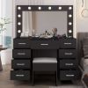 Vanity Desk Set with Large Lighted Mirror and Powre Outlet, Glass Top Makeup Vanity with 9 Drawers, Vanity Table with 12 LED Lights