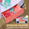 Qaba Kids Vanity Set with Mirror and Stool, Toddler Makeup Table with Music, Light, Drawer, Hair Dryer, 20 Makeup Accessories