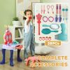 Qaba Kids Vanity Set with Mirror and Stool, Toddler Makeup Table with Music, Light, Drawer, Hair Dryer, 20 Makeup Accessories