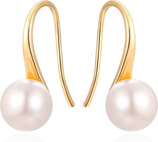 925 Sterling Silver Hoop Handpicked AAA+ Quality 7.5-8mm White Freshwater Cultured Pearl Dangle Drop Earrings Jewelry for Women Girls (Color: 2. Gold)