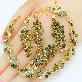 Luxury Green Peridot Gold Plated Jewelry Sets for Women Earrings Necklace Pendant Ring Bracelet Christmas Birthday Gift (Ring Size: 8, Gem Color: 4pcs)