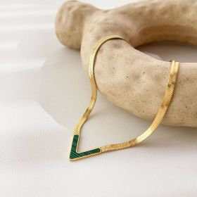 Stainless Steel V-shaped Women's Neck Necklace, Luxury And High-end V-neck Flat Collarbone Chain For Girls (Color: Green)